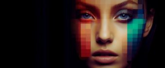 A woman with a pixelated face of varying colors to represent a color contrast checker tool