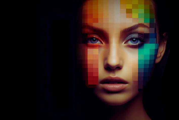 A woman with a pixelated face of varying colors to represent a color contrast checker tool